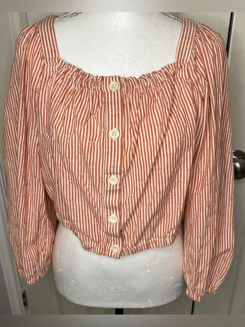 Madewell Orange/White Puff Long Sleeve Front Button Crop Women’s Top Sz M Ranch